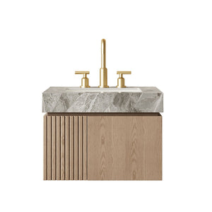 English Elm Muri Floating Bathroom Vanity Plywood Cabinet Sintered Stone Top Woodgrain Finish W2615S00689