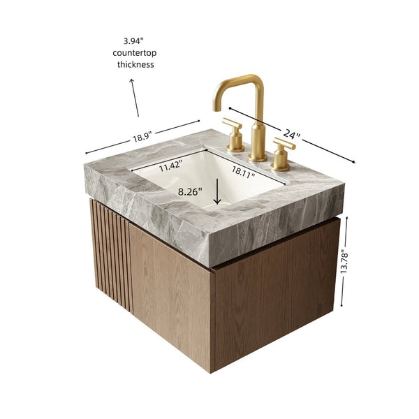 English Elm Muri Floating Bathroom Vanity Plywood Cabinet Sintered Stone Top Woodgrain Finish W2615S00689