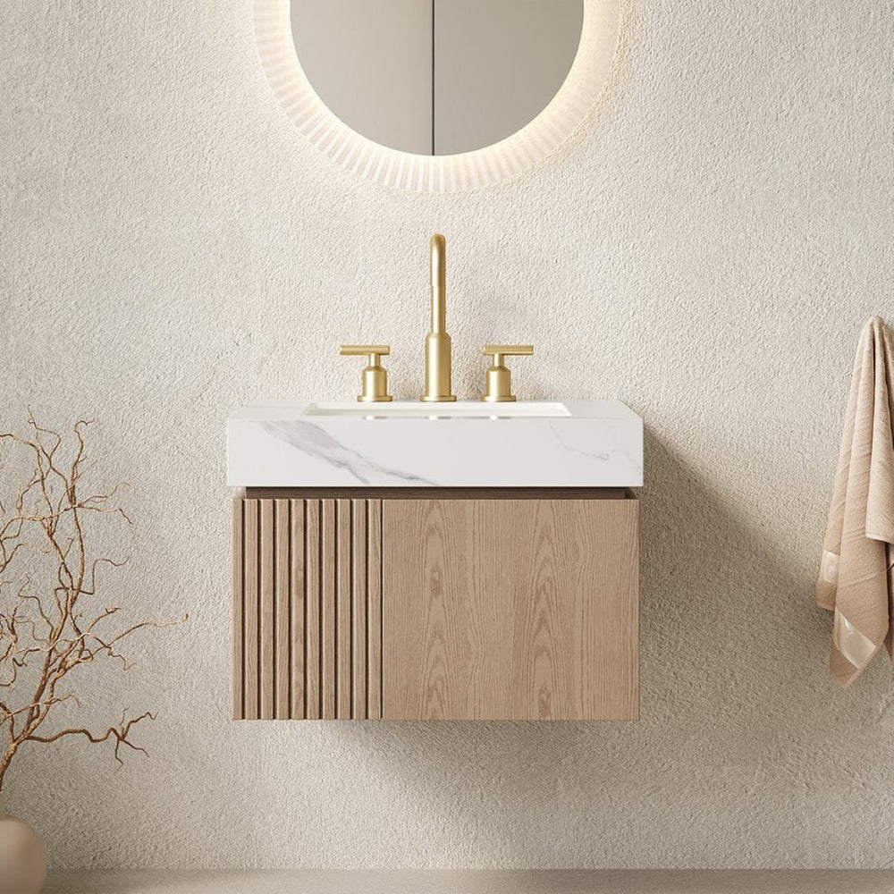 English Elm Muri Floating Bathroom Vanity Plywood Cabinet Carrara Stone Top Undermount Basin W2615S00691