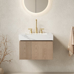 English Elm Muri Floating Bathroom Vanity Plywood Cabinet Carrara Stone Top Undermount Basin W2615S00691