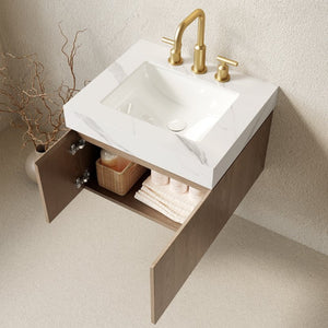 English Elm Muri Floating Bathroom Vanity Plywood Cabinet Carrara Stone Top Undermount Basin W2615S00691