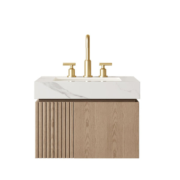 English Elm Muri Floating Bathroom Vanity Plywood Cabinet Carrara Stone Top Undermount Basin W2615S00691