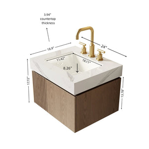 English Elm Muri Floating Bathroom Vanity Plywood Cabinet Carrara Stone Top Undermount Basin W2615S00691