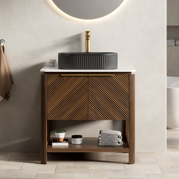 English Elm Indigo 30 Inch Freestanding Bathroom Vanity with Fluted Doors and Sintered Stone Top W2615S00720