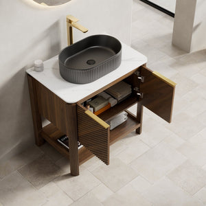 English Elm Indigo 30 Inch Freestanding Bathroom Vanity with Fluted Doors and Sintered Stone Top W2615S00720