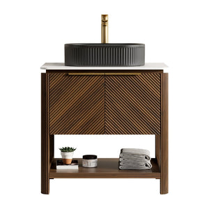 English Elm Indigo 30 Inch Freestanding Bathroom Vanity with Fluted Doors and Sintered Stone Top W2615S00720