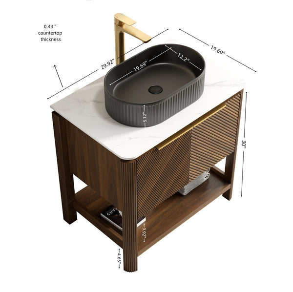 English Elm Indigo 30 Inch Freestanding Bathroom Vanity with Fluted Doors and Sintered Stone Top W2615S00720