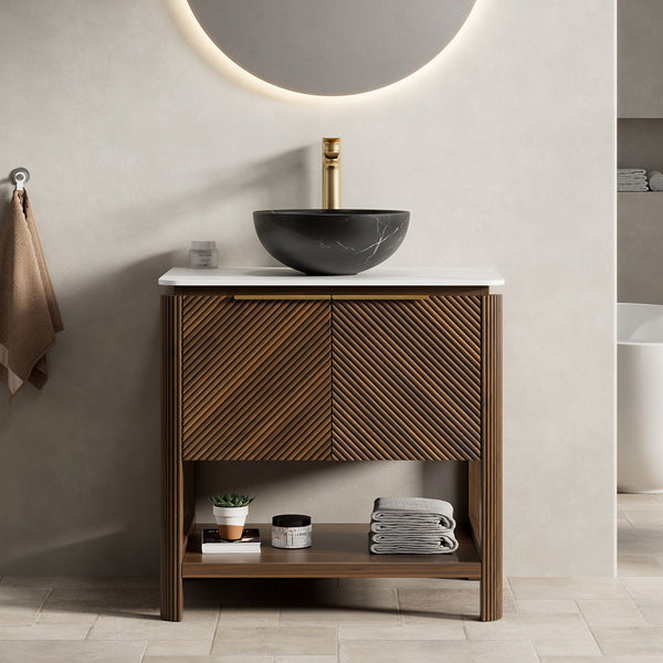 English Elm Indigo 30 Inch Bathroom Vanity Fluted Plywood Cabinet Sintered Stone Top Vessel Sink W2615S00725