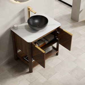 English Elm Indigo 30 Inch Bathroom Vanity Fluted Plywood Cabinet Sintered Stone Top Vessel Sink W2615S00725