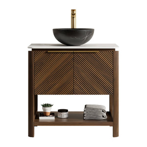 English Elm Indigo 30 Inch Bathroom Vanity Fluted Plywood Cabinet Sintered Stone Top Vessel Sink W2615S00725