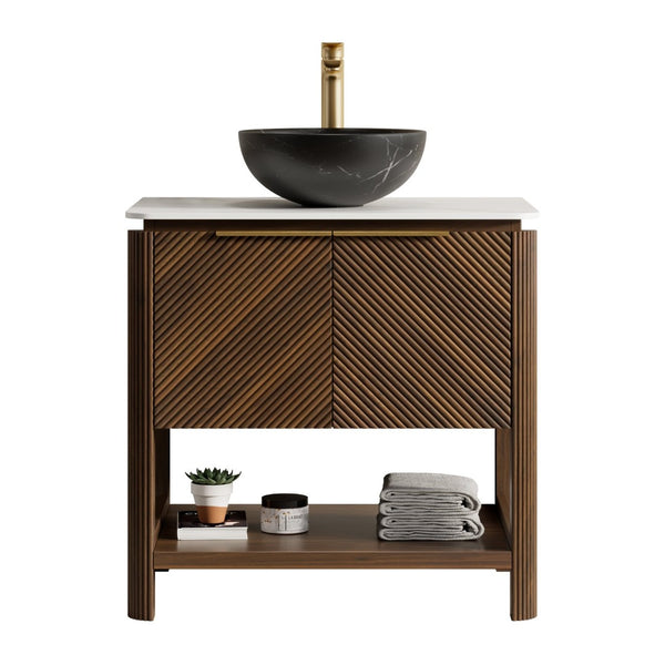 English Elm Indigo 30 Inch Bathroom Vanity Fluted Plywood Cabinet Sintered Stone Top Vessel Sink W2615S00725
