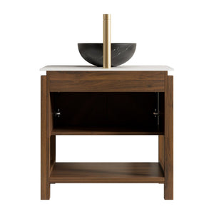 English Elm Indigo 30 Inch Bathroom Vanity Fluted Plywood Cabinet Sintered Stone Top Vessel Sink W2615S00725