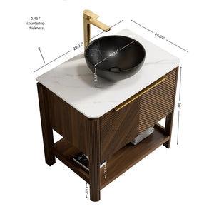 English Elm Indigo 30 Inch Bathroom Vanity Fluted Plywood Cabinet Sintered Stone Top Vessel Sink W2615S00725