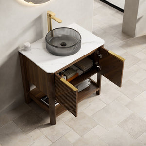 English Elm Indigo 30 Inch Freestanding Bathroom Vanity with Fluted Doors and Sintered Stone Top W2615S00729