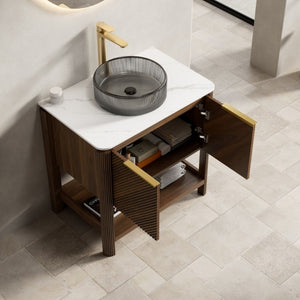 English Elm Indigo 30 Inch Freestanding Bathroom Vanity Fluted Wood Doors Sintered Stone Top Vessel Sink W2615S00729