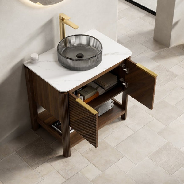 English Elm Indigo 30 Inch Freestanding Bathroom Vanity Fluted Wood Doors Sintered Stone Top Vessel Sink W2615S00729