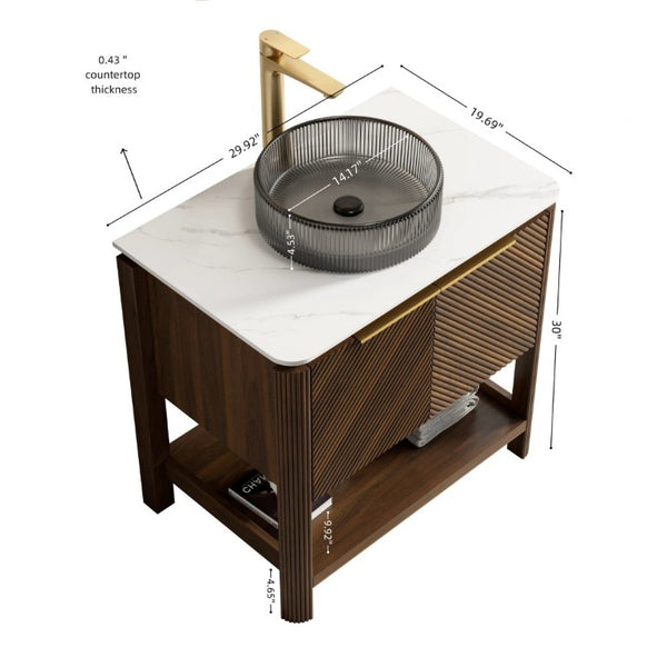 English Elm Indigo 30 Inch Freestanding Bathroom Vanity Fluted Wood Doors Sintered Stone Top Vessel Sink W2615S00729