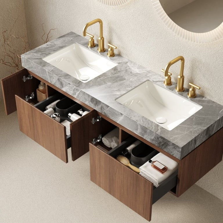 English Elm Muri 60 Inch Floating Double Basin Vanity Sintered Stone Top Oak Woodgrain Cabinet W2615S00735
