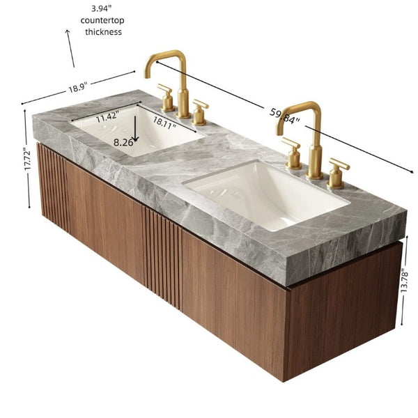 English Elm Muri 60 Inch Floating Double Basin Vanity Sintered Stone Top Oak Woodgrain Cabinet W2615S00735