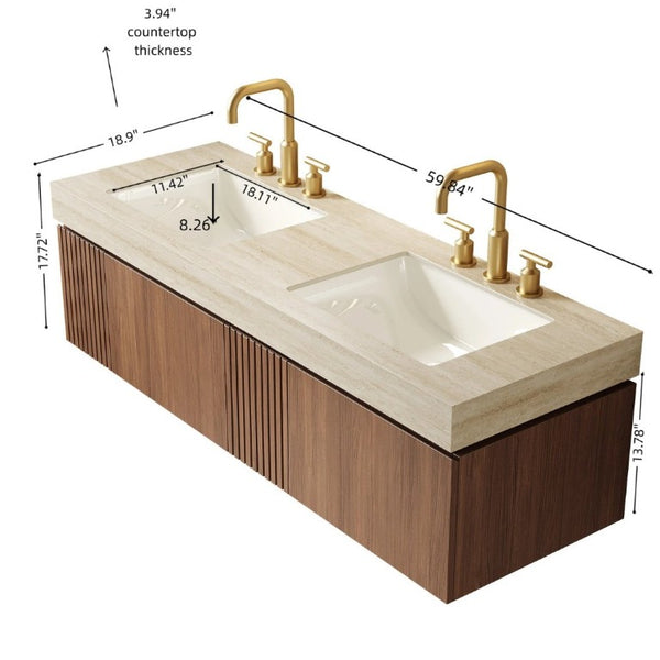 English Elm Muri 60 Inch Floating Bathroom Vanity with Sintered Stone Top and Oak Wood Cabinet W2615S00736