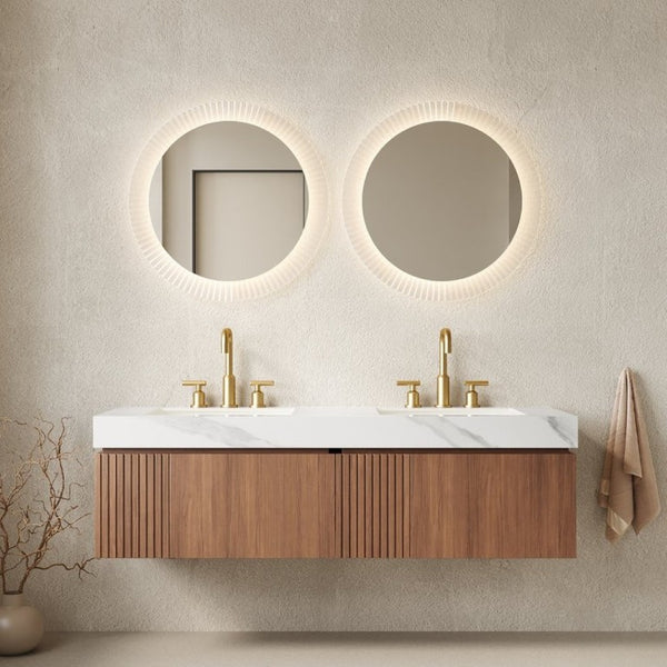 English Elm Muri 60 Inch Floating Bathroom Vanity Oak Wood Sintered Stone Top Dual Ceramic Basins W2615S00737