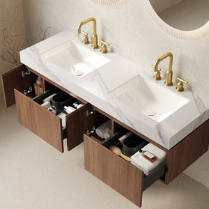 English Elm Muri 60 Inch Floating Bathroom Vanity Oak Wood Sintered Stone Top Dual Ceramic Basins W2615S00737
