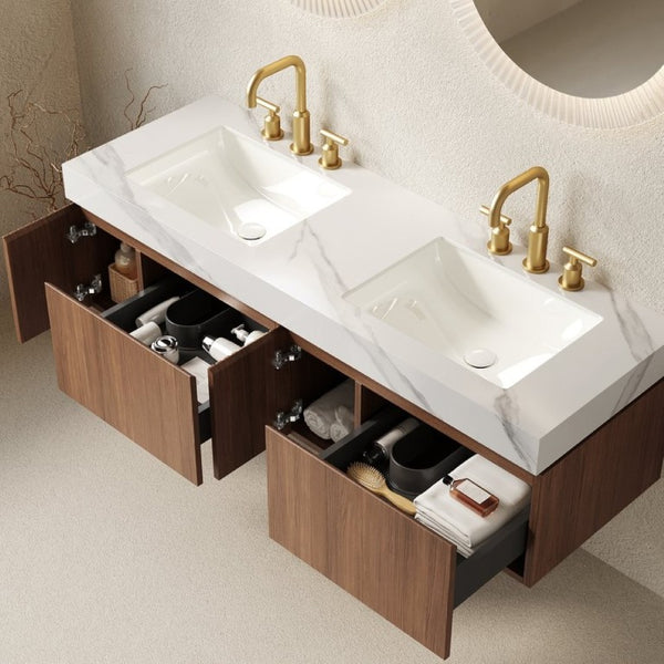 English Elm Muri 60 Inch Floating Bathroom Vanity Oak Wood Sintered Stone Top Dual Ceramic Basins W2615S00737