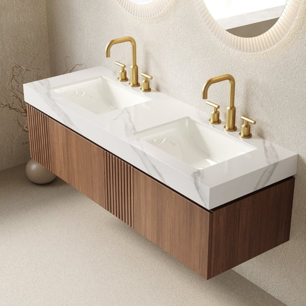 English Elm Muri 60 Inch Floating Bathroom Vanity Oak Wood Sintered Stone Top Dual Ceramic Basins W2615S00737