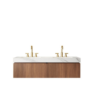English Elm Muri 60 Inch Floating Bathroom Vanity Oak Wood Sintered Stone Top Dual Ceramic Basins W2615S00737