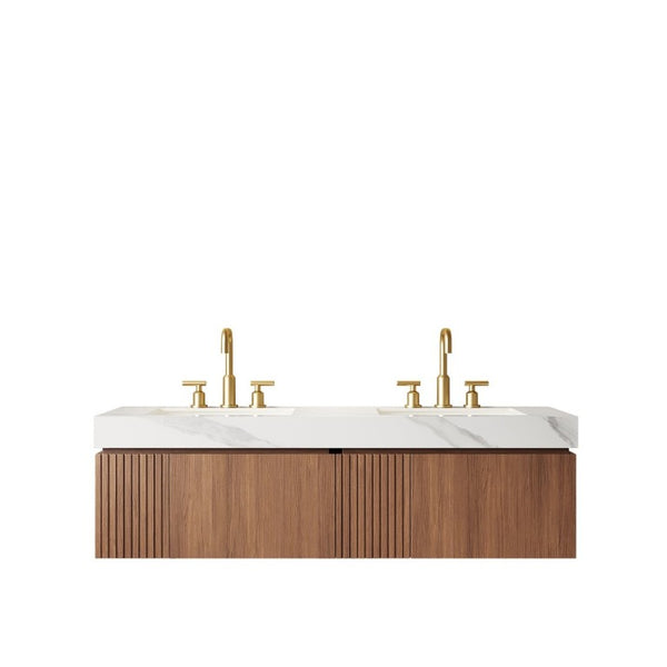 English Elm Muri 60 Inch Floating Bathroom Vanity Oak Wood Sintered Stone Top Dual Ceramic Basins W2615S00737