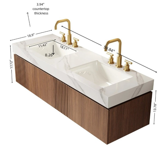 English Elm Muri 60 Inch Floating Bathroom Vanity Oak Wood Sintered Stone Top Dual Ceramic Basins W2615S00737