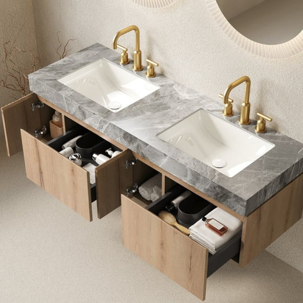 English Elm Muri 60 Inch Floating Double Bathroom Vanity Sintered Stone Top White Oak Plywood White Oak W2615S00738