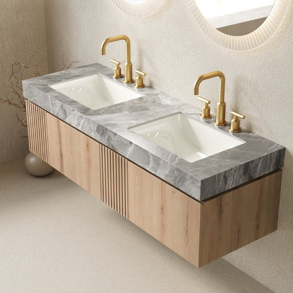 English Elm Muri 60 Inch Floating Double Bathroom Vanity Sintered Stone Top White Oak Plywood White Oak W2615S00738