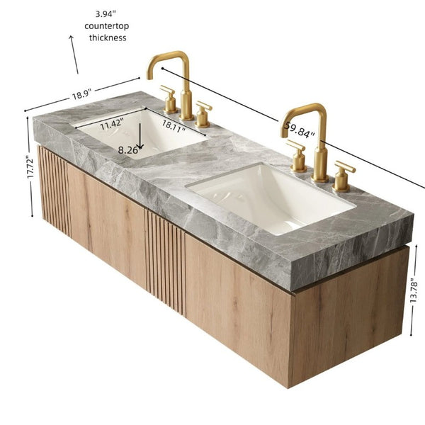 English Elm Muri 60 Inch Floating Double Bathroom Vanity Sintered Stone Top White Oak Plywood White Oak W2615S00738