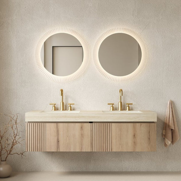English Elm Muri 60 Inch Floating Bathroom Vanity Sintered Stone Top Dual Ceramic Basins Oak Finish White Oak W2615S00739