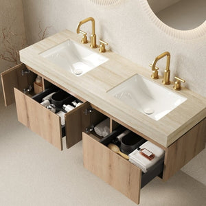 English Elm Muri 60 Inch Floating Bathroom Vanity Sintered Stone Top Dual Ceramic Basins Oak Finish White Oak W2615S00739