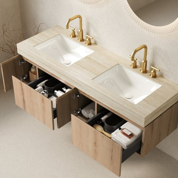 English Elm Muri 60 Inch Floating Bathroom Vanity Sintered Stone Top Dual Ceramic Basins Oak Finish White Oak W2615S00739