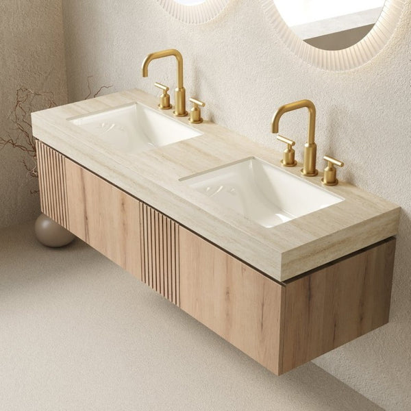 English Elm Muri 60 Inch Floating Bathroom Vanity Sintered Stone Top Dual Ceramic Basins Oak Finish White Oak W2615S00739