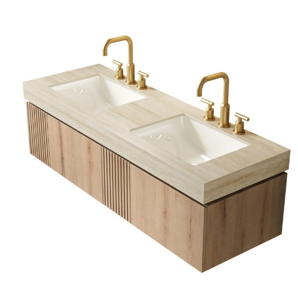 English Elm Muri 60 Inch Floating Bathroom Vanity Sintered Stone Top Dual Ceramic Basins Oak Finish White Oak W2615S00739