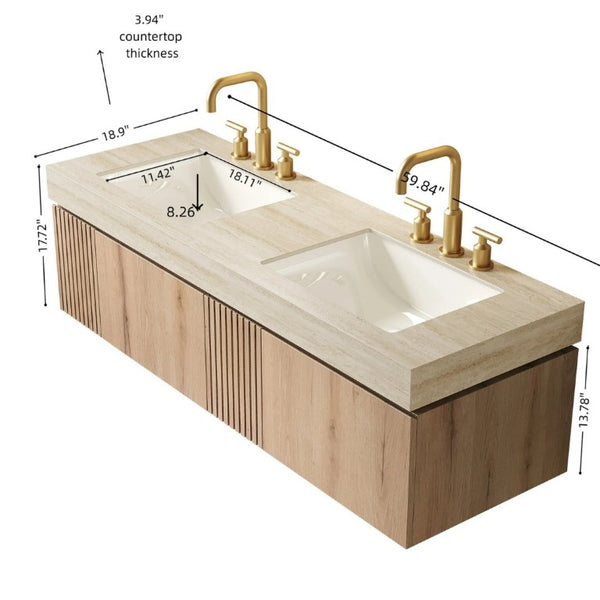 English Elm Muri 60 Inch Floating Bathroom Vanity Sintered Stone Top Dual Ceramic Basins Oak Finish White Oak W2615S00739