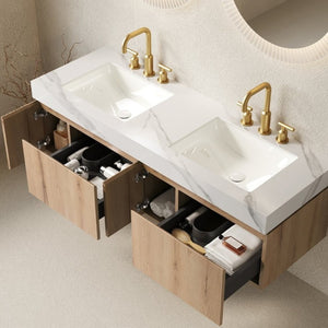 English Elm Muri 60 Inch Floating Bathroom Vanity with Sintered Stone Top and Oak Woodgrain Finish White Oak Woodgrain W2615S00740