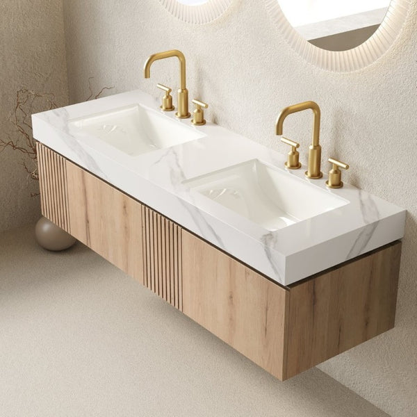 English Elm Muri 60 Inch Floating Bathroom Vanity with Sintered Stone Top and Oak Woodgrain Finish White Oak Woodgrain W2615S00740