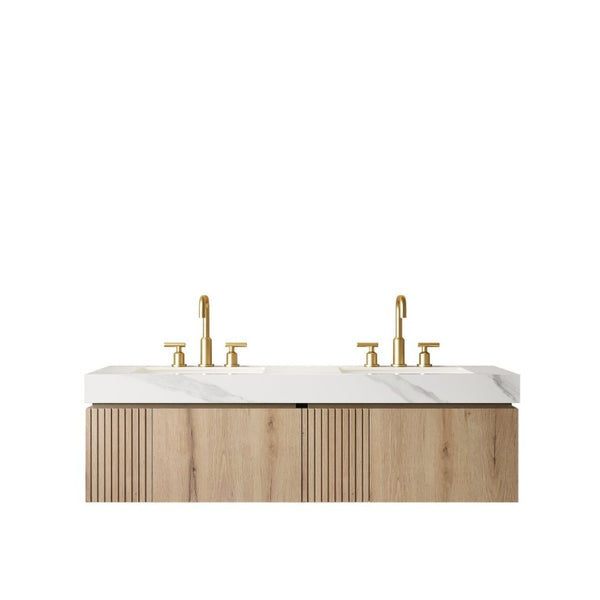 English Elm Muri 60 Inch Floating Bathroom Vanity with Sintered Stone Top and Oak Woodgrain Finish White Oak Woodgrain W2615S00740