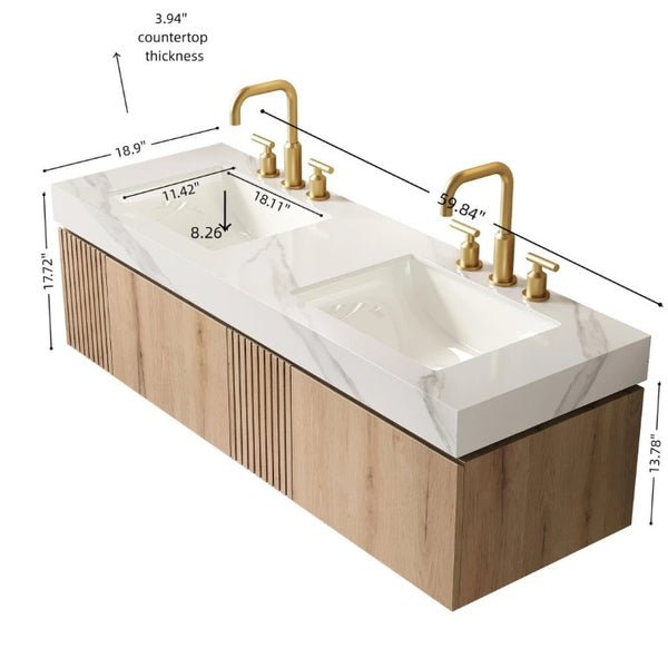 English Elm Muri 60 Inch Floating Bathroom Vanity with Sintered Stone Top and Oak Woodgrain Finish White Oak Woodgrain W2615S00740