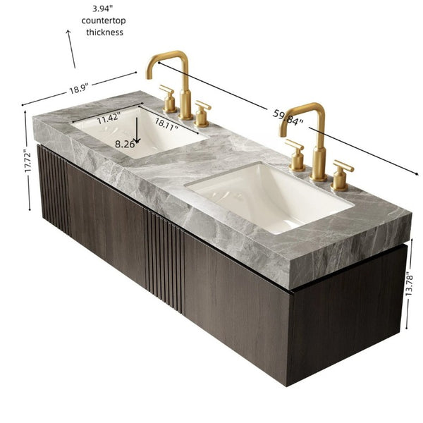 English Elm Muri 60 Inch Floating Double Bathroom Vanity Sintered Stone Top White Oak Plywood Espresso W2615S00741