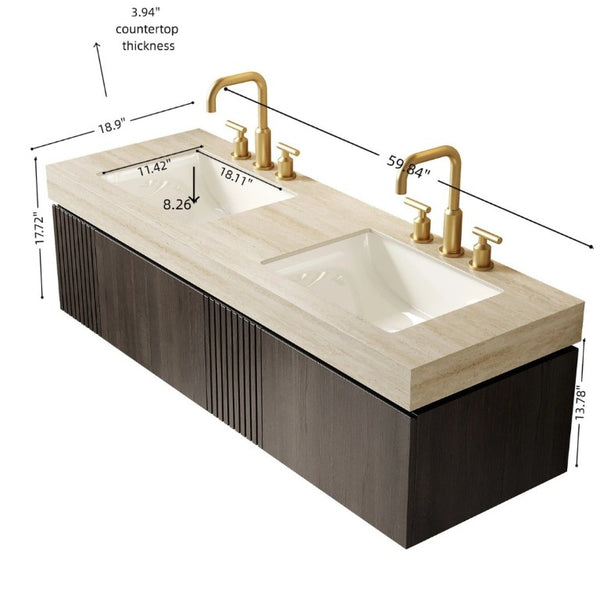 English Elm Muri 60 Inch Floating Bathroom Vanity Sintered Stone Top Dual Ceramic Basins Oak Finish Espresso W2615S00742