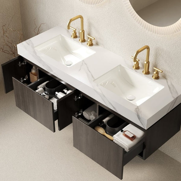 English Elm Muri 60 Inch Floating Bathroom Vanity with Sintered Stone Top and Oak Woodgrain Finish Espresso Woodgrain W2615S00743