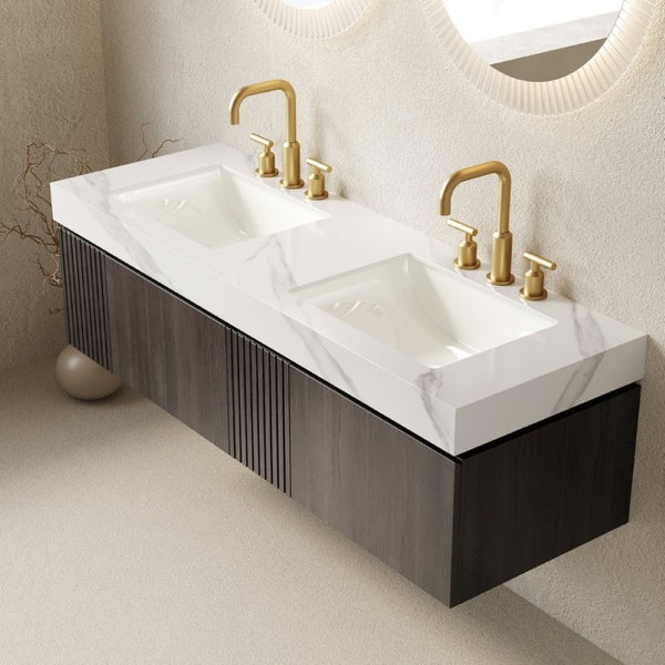 English Elm Muri 60 Inch Floating Bathroom Vanity with Sintered Stone Top and Oak Woodgrain Finish Espresso Woodgrain W2615S00743