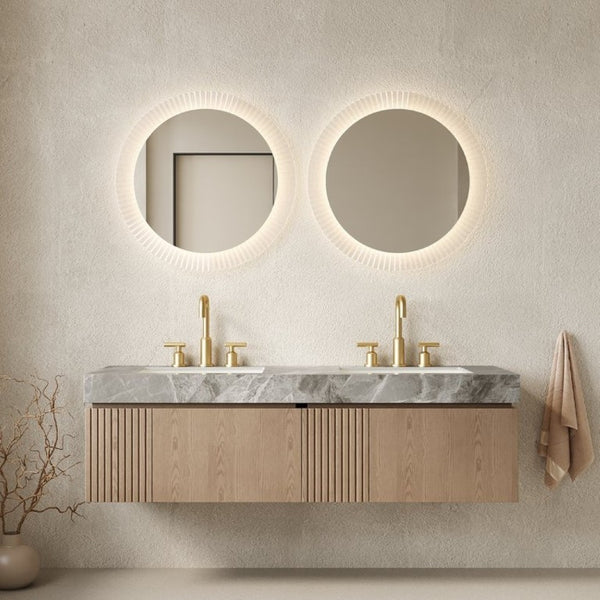 English Elm Muri 60 Inch Floating Double Bathroom Vanity Sintered Stone Top White Oak Plywood Heidelberg W2615S00744