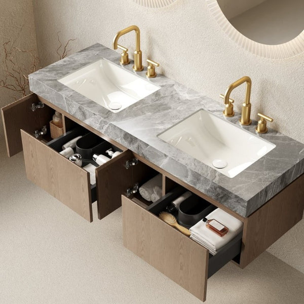 English Elm Muri 60 Inch Floating Double Bathroom Vanity Sintered Stone Top White Oak Plywood Heidelberg W2615S00744
